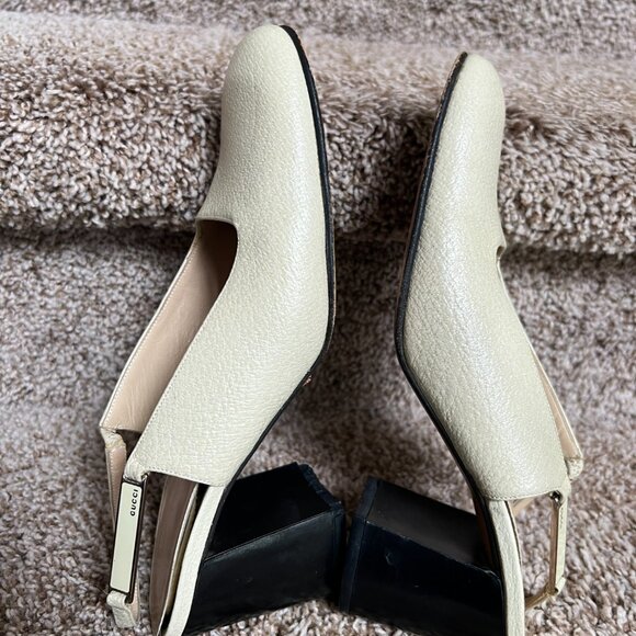 Gucci Women's Cream Sling Back Leather Block Heels - Picture 13 of 15